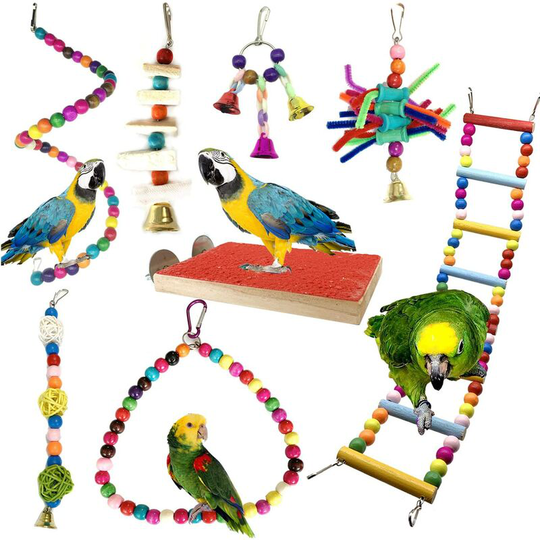 Bird Toys, 8 Pieces Wooden Feet Perches, Swings, Ladders, Perched Climbing for Small and Medium Size Bird Cages, Parrots