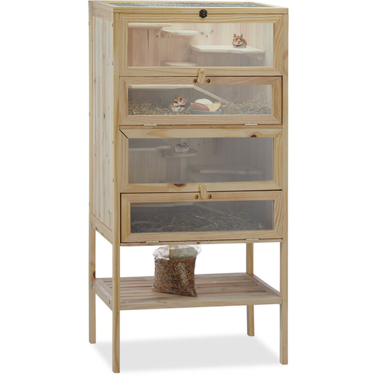 Relaxdays - Wooden Hamster Cage, 3 Storeys, Windows, Grid Roof, Rodent Pen, xxl, hwd: 120x60x40 cm, Natural