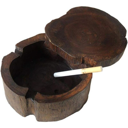Creative wooden ashtray with outer lid, windproof, decorative brown wooden ashtray for outdoor and indoor (12 x 4.5 cm)