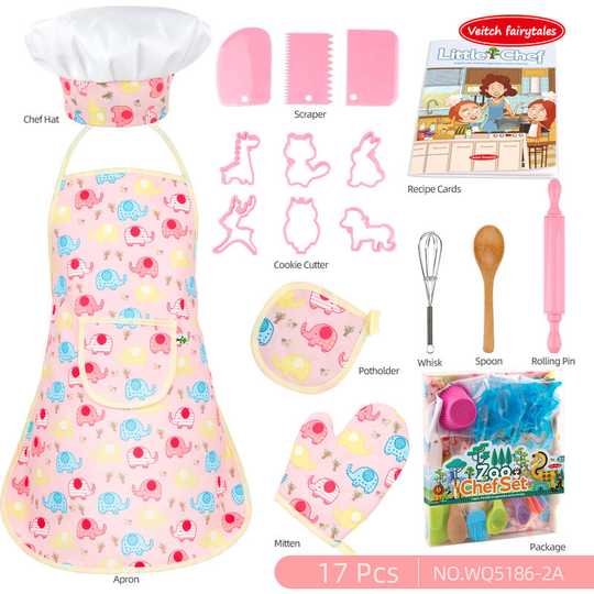 Children's Home Kitchen Toy Girl Cooking Cooking Kitchenware Set Baking Tools Cake Apron Chef Hat, Pink Elephant