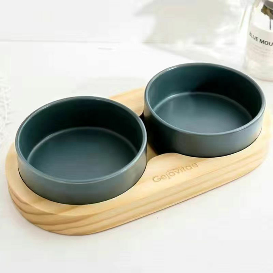 FVO - Cat and Dog Bowls with Wooden Stand, Ceramic Cat Bowls for Food and Water, No Spill, Dishwasher Safe