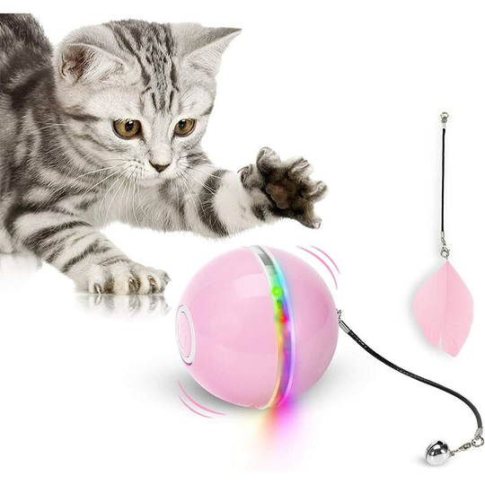 Cat Toy, Toy Ball with led Light, Catnip, Ring Bell and Feather, Upgraded 360 Degree Automatic Rotation and usb Charging Interactive Cat Toy, for