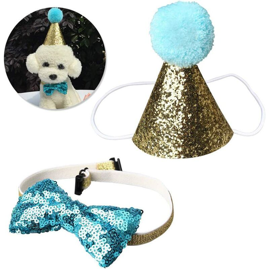 Dog Birthday Cone Hat and Sequin Bow Tie Collar Set, Mini Dog Cat Birthday Party Decoration Hats Hair Accessories Pet Headband + Bow Tie