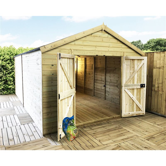 19 x 14 Premier Pressure Treated t&g Apex Shed / Workshop With Higher Eaves And Ridge Height Windowless And Double Doors (12mm t&g Walls, Floor &