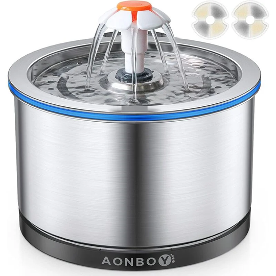 Modou - Cat Water Fountain, 2.5L Stainless Steel Silent Cat Water Fountain with 2 Filters and led Night Light Dog Water Fountain (Wired)