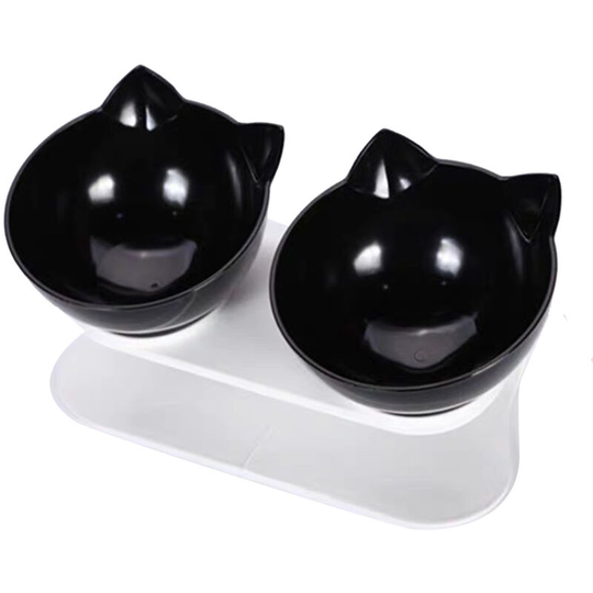 20¡ãAdjustable Double Cat Feeder Bowl Double Cat Dog Bowl Tilt Cat Face Shape Cat Bowl Double Bowl,model:Black - model:Black
