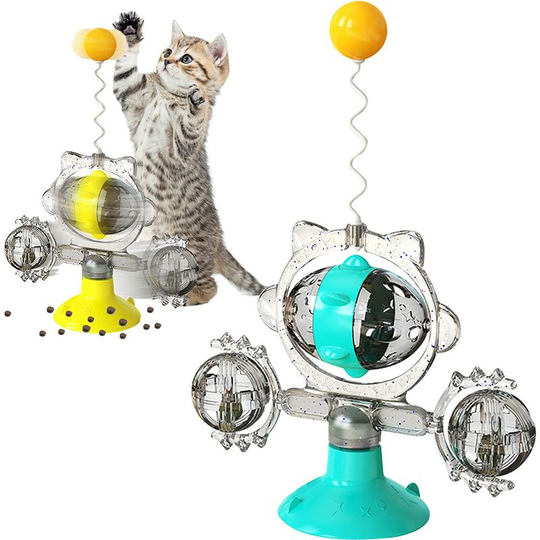 Windmill Cat Toy Interactive Cat Toys Indoor Cat Toys with Suction Cup Rotating Cat Toy with Catnip Ball Toy Catnip Dry Food Dispenser(Blue)