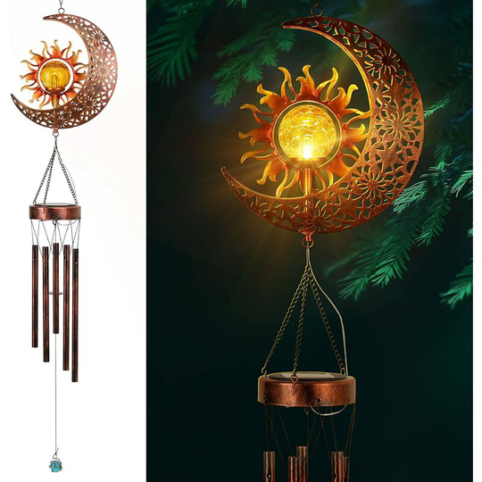 Monly - Solar Sun and Moon Wind Chimes, Outdoor Wind Chime with Cracked Glass Ball and S-Hook, Aluminum Tube Bells for Patio Home Decoration, Red