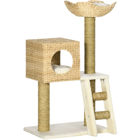 Cat Tree Kitten Tower Cattail Weave w/ Scratching Posts, Bed, House - Natural Wood - Pawhut