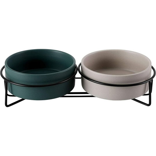 Bearsu - Ceramic Cat Bowl(2x400ml), Double Cat Lunch Bowl, Elevated Kitten Food/Water Bowl - Gray+Green