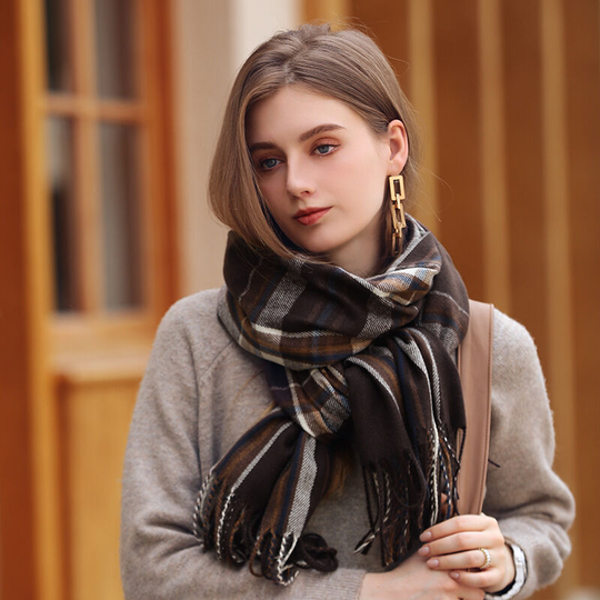 Cashmere like scarf with tassel plaid shawl in winter Women's medium long thickened warm scarf, brown black