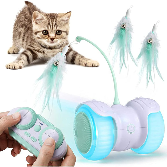 LITZEE Remote Control Interactive Cat Toy Self-Rotating Balls with LED Light USB Charged Feathers Automatic Ball for Kitten