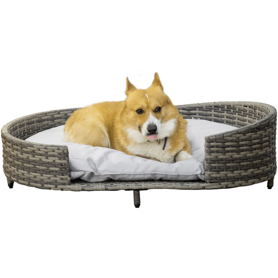 Wicker Dog Sofa Bed w/ Soft Water-resistant Cushion for Large Dogs - Grey - Pawhut