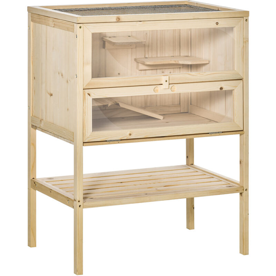 Pawhut - 3 Tiers Wooden Hamster Cage House 60LĂ—40WĂ—80H cm - Natural wood finish