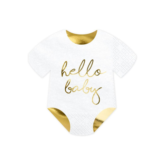 20 Hello Baby Paper Party Napkins, New Baby, Baby Shower Decorations, Gender Reveal, White And Gold, Party Napkins, Baby Shower Napkins,