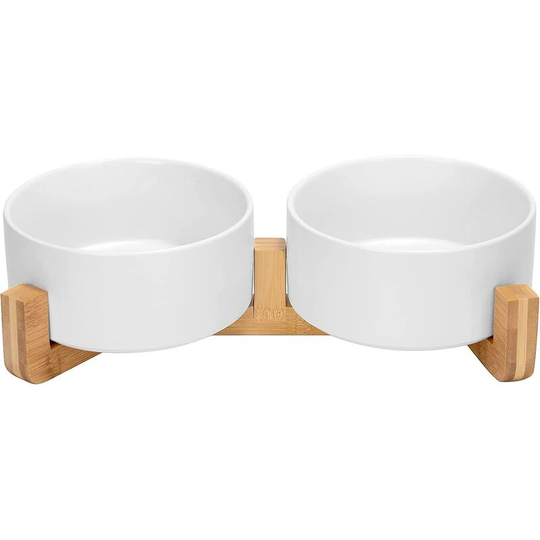 Ceramic Double Bowl With Bamboo Stand For Cats And Dogs (850ml, White) Thsinde