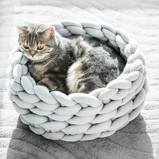 Handmade Basket for Pet, Dog, Cat, Thick Braided Cotton Rope, Soft Pillow for Sleeping, Puppy, Kitten, Knitted Wool (35cm, Gray Color)