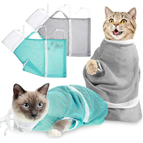 Perle Rare - 2-Piece Cat Bath Bag Shower Wash Mesh Anti-Bite Anti-Scratch Restraint Bag Breathable Multifunctional Cat Grooming Bag Bath Nail