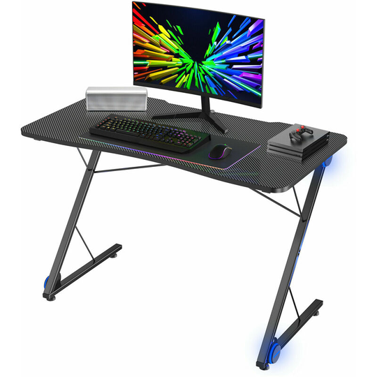 Z-Shaped Ergonomic Gaming Desk Home Office Computer Table w/ Blue Lights