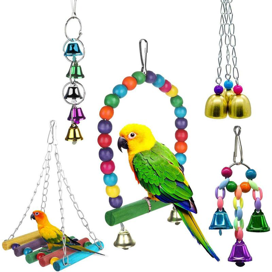 Bearsu - Bird Toys for Parrot, 5 Pieces Parrot Toys, Bird Toy Swing Bird Toy, Bridge Ladders, Hanging Toy Bells, for Parrot, Parakeets, Macaws,
