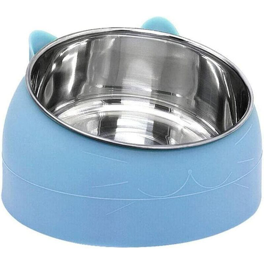 Pet Bowl Kitten Cat Bowl Oblique Mouth Dog Bowl Stainless Steel Food Feeder Water 15 Degree Tilt Animals 400ml Blue
