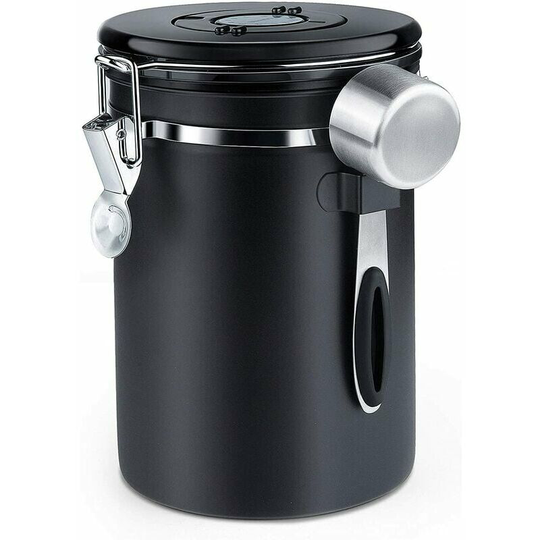 Monly - Airtight Coffee Canister - Coffee Bean Canister with CO2 Valve - with Measuring Spoon - 1.8 l (Black)