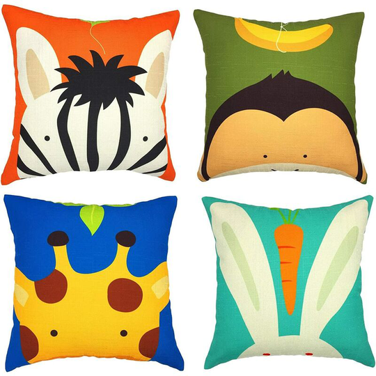 4 Pieces Cotton and Linen Print Childrens Cartoon Zebra Rabbit Monkey Giraffe Square Cushion Cover Suitable for Bed Car Home Sofa 45x45cm
