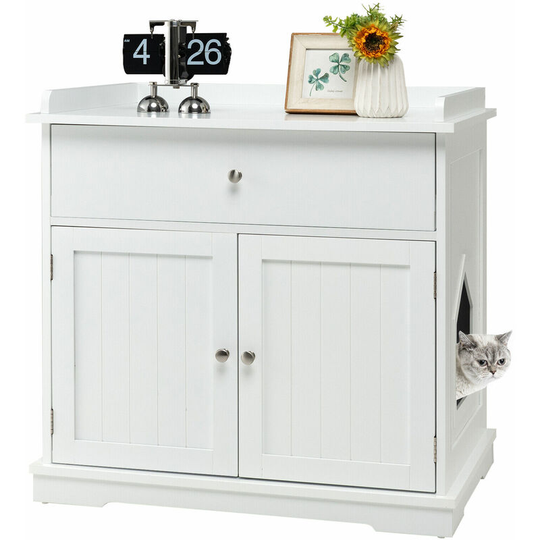 Large Cat Litter Box Enclosure Hidden Cat Washroom Furniture W/ Drawer & 2 Doors