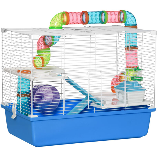 Pawhut - Hamster Cage w/ Tubes Exercise Wheel, Water Bottle, Food Dish - Blue - Blue