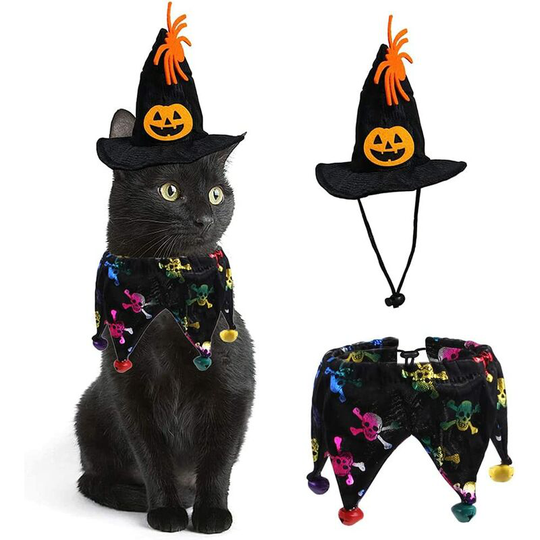 2pcs Cat Dog Halloween Costumes with Halloween Cat Collar and Witch Hat Halloween Costumes for Cats Small Dogs Cosplay Halloween Party Decorations