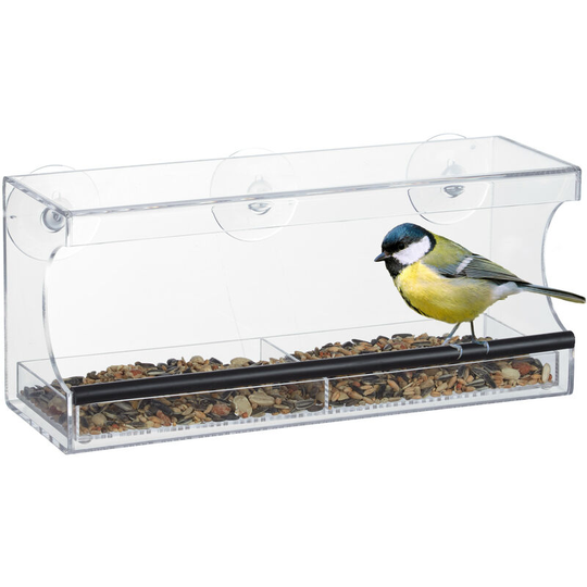 Window Bird Feeder, Feeding Station, With Suction Cups, h x w x d: 13 x 30 x 12 cm, Plastic, Transparent - Relaxdays