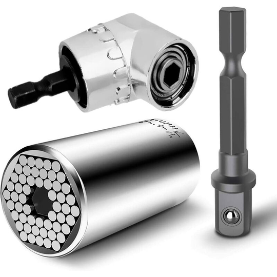 13treize - Multi-function 7mm-19mm Ratchet Universal Sockets Metric Wrench Power Drill Adapter Set and 105 Degree Right Angle Extension Power