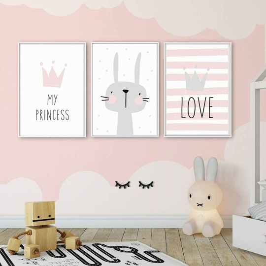 Set of 3 Paintings for Children's Room Girl Pink Baby Posters Set Rabbit My Princess Love Poster Birthday Gifts Unframed S(20X30CM) No Frame d