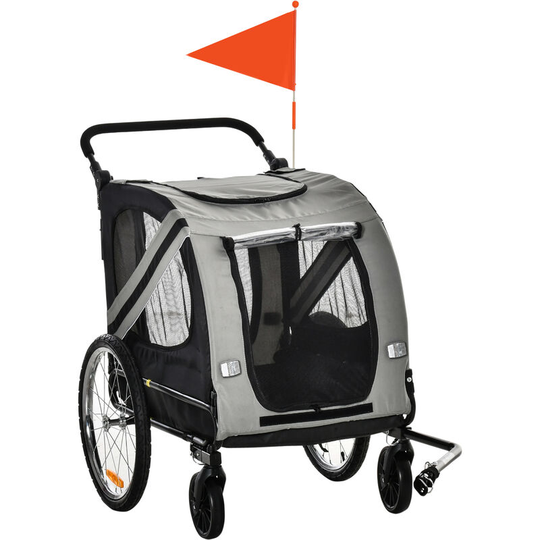 PawHut 2-In-1 Dog Bike Trailer Stroller w/ Universal Wheel Reflector Flag Grey - Grey