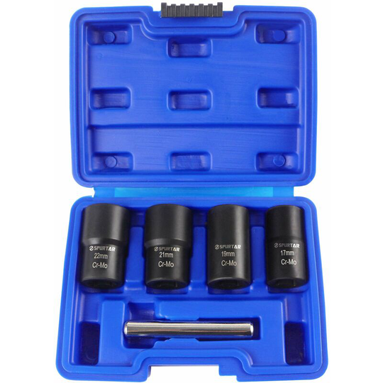Set of screw extractor sockets set of 5 twisted sockets to remove wheel nuts 17 mm, 19 mm, 21 mm and 22 mm