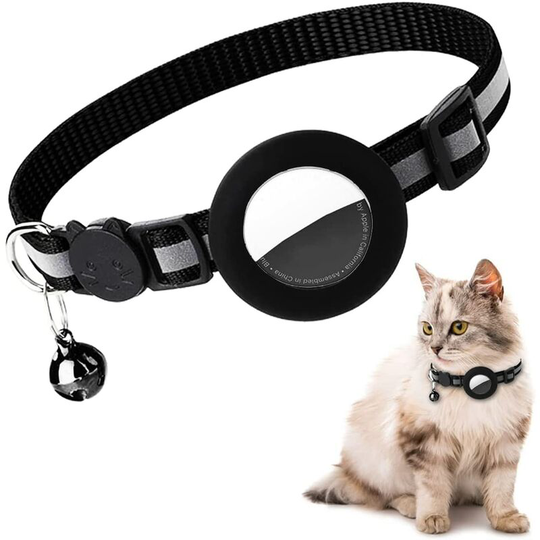 Collar with Bell and 9.5mm Wide Safety Buckle, Reflective Collar with Apple Compatible Waterproof Mount for Cat, Dog, Kitten, Puppy (Black) Dksfjkl