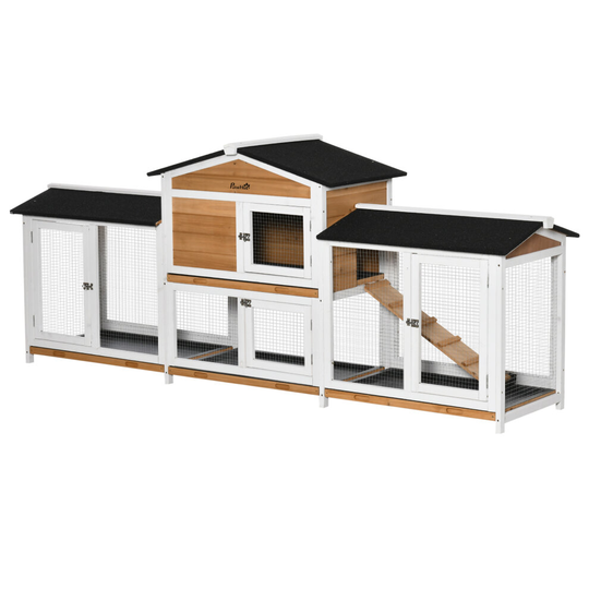 PawHut Two-Tier Wooden Rabbit Hutch w/ Two Runs, Pull-Out Tray