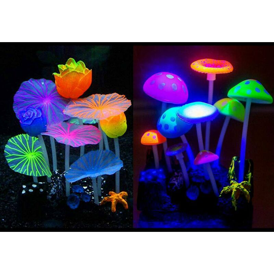 Perle Rare - Glowing Effect Artificial Mushroom Aquarium Lotus Ornament Silicone Decor Aquarium Decoration for Fish Tank with Suction Cup