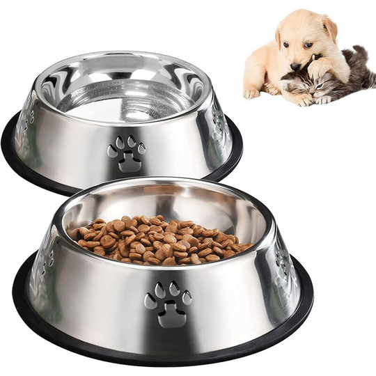2 Stainless Steel Dog Bowls, Puppy Cat Feeding Bowls, Cat Plate Bowls with Rubber Base, Mini and Small Pet Feeder Bowls and Water Bowls (XS-7oz)