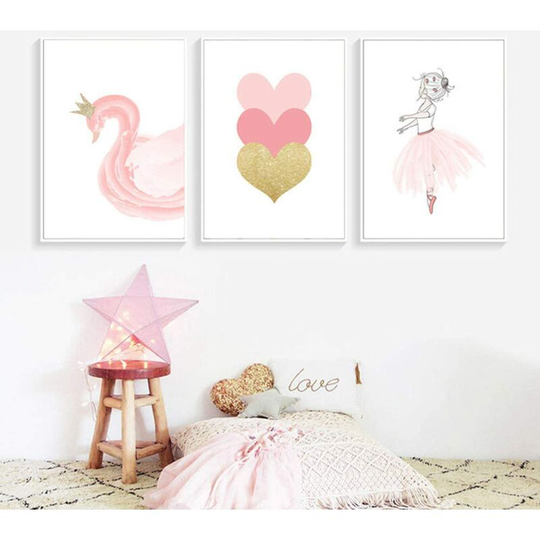 Set of 3 Paintings for Children's Room Girl Pink Baby Posters Set Rabbit My Princess Love Poster Birthday Gifts Unframed M(30X40CM) No Frame f