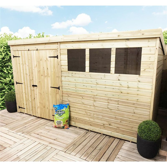 Marlboroughpentshedsbs - 14 x 5 Pressure Treated Tongue And Groove Pent Shed With 3 Windows And Double Doors + Safety Toughened Glass