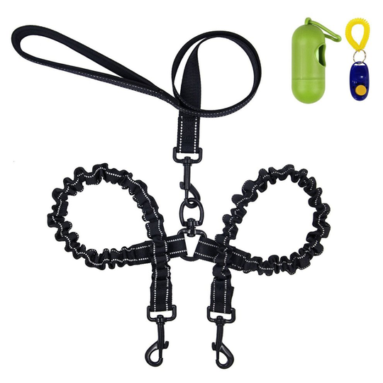 Double Dog Lead,Dual Pet Dog Leash Reflective Bungee Absorb Shock 360°