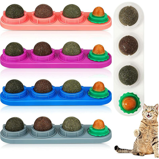 5 Pieces Catnip Wall Ball Toys Rotatable Removable Self-Adhesive Edible Licking Balls Catnip Silvervine Gall Nut Cat Treats Toys for Cats Kitten