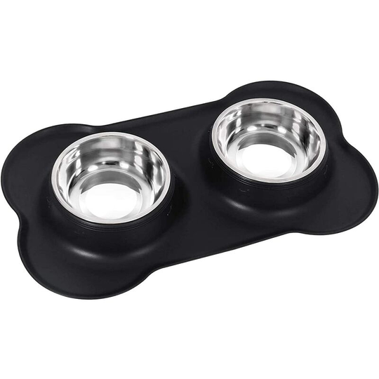 Soekavia - Dog Cat Bowls Stainless Steel Double Dog Food and Water Bowls with No-Spill Non-Skid Silicone Mat, Pet Feeder Bowls Small Puppy Bowl for