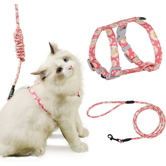 Cat Harness Leash Adjustable Harness and 150CM Rope Leash for Cat Safety Walking(M Pink)