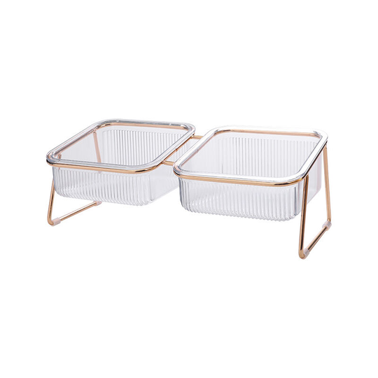 Sun Flowergb - Double Cat Bowl with Raised Stand, 15 Tilt, Non-Slip, Transparent, for Food and Water, Gold
