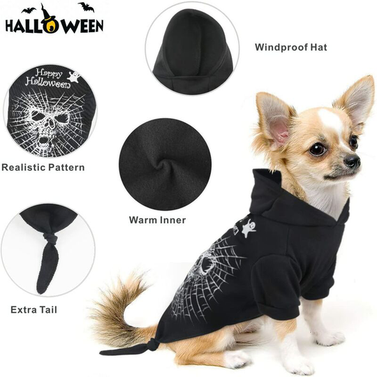 Hooded Pet Coat, for Halloween, Black with Skull Patterns, Winter Clothes for Small Dog or Cat(2XL)