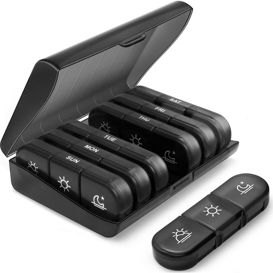 Ilovemilan - Pill manager 3 times a day, portable travel pill box 7 times a day, light proof pill box with large pill container, vitamins, drugs,