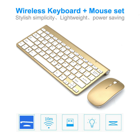 (Gold) UltraSlim 2.4G Cordless Wireless Keyboard and Mouse Set For PC MAC Laptop Tablet