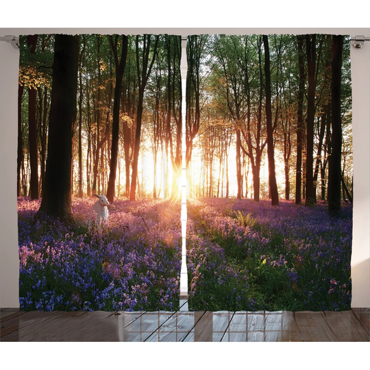 Bluebell Woods Sunrise with White Rabbit Sunny Spring Day in Woodland 2 Piece Room Darkening Curtain Set